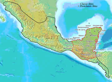 Рис. Красной линией обведена территория цивилизации майя.